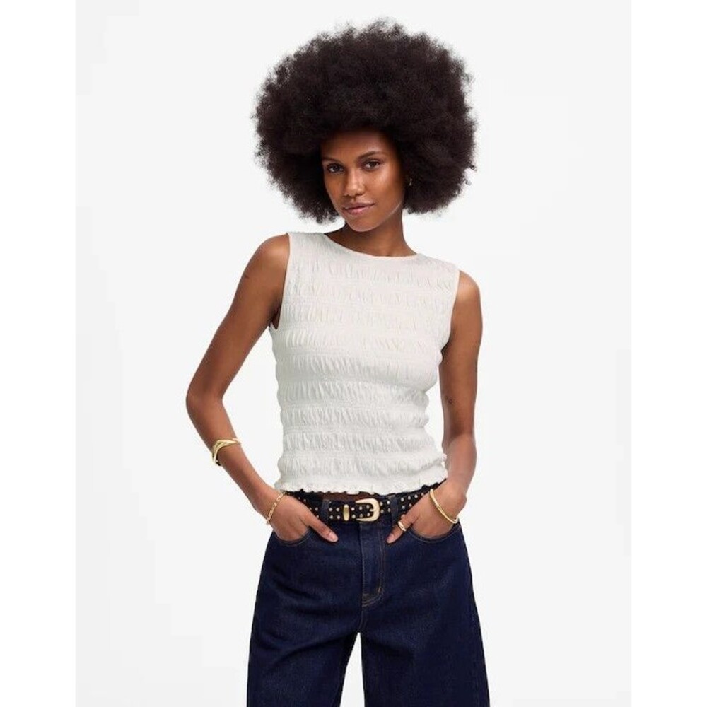 Madewell XXS Smocked Boatneck Tank White Cotton Linen Ruffle Hem Slim Fit NWT